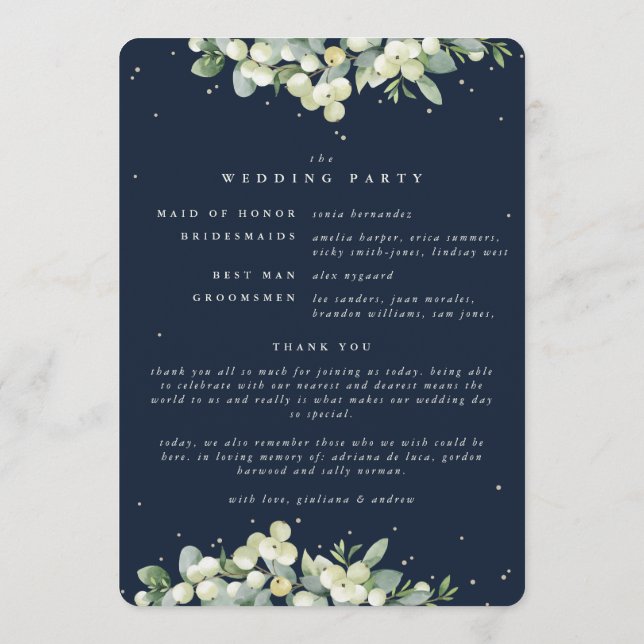 Elegant Navy Snowberry+Eucalyptus Winter Wedding Program (Back)