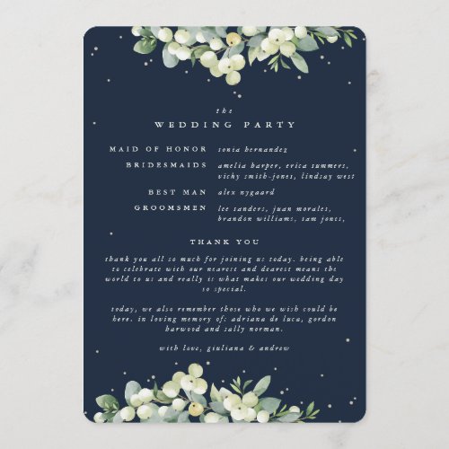 Elegant Navy SnowberryEucalyptus Winter Wedding Program