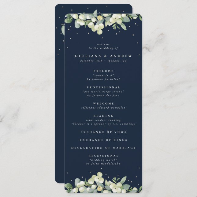 Elegant Navy Snowberry+Eucalyptus Winter Wedding Program (Front/Back)