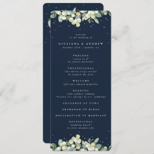 Elegant Navy Snowberry+Eucalyptus Winter Wedding Program