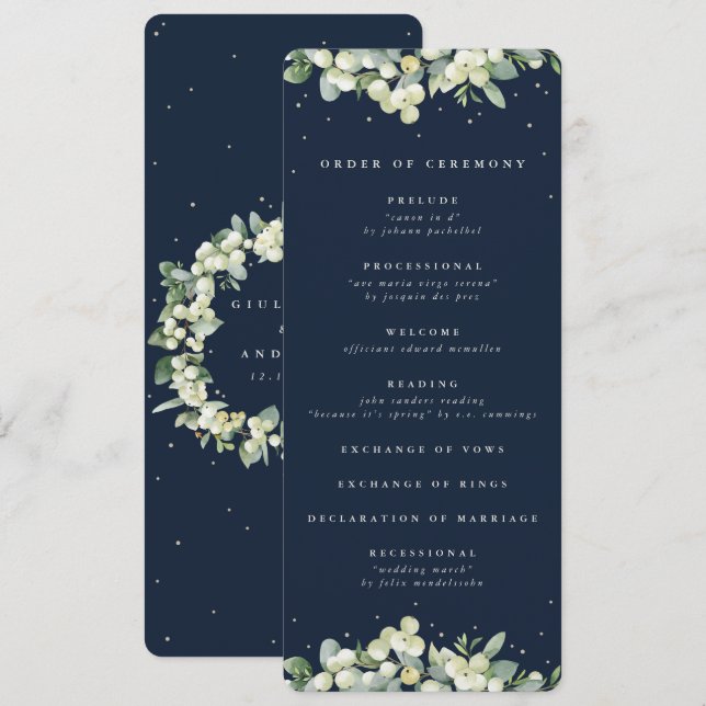 Elegant Navy Snowberry+Eucalyptus Winter Wedding Program (Front/Back)