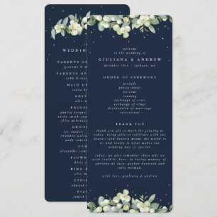 Elegant Navy Snowberry+Eucalyptus Winter Wedding Program