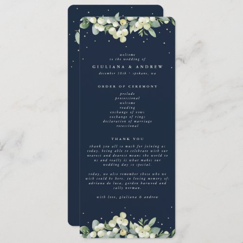 Elegant Navy SnowberryEucalyptus Winter Wedding Program