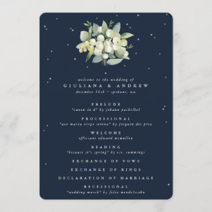 Elegant Navy Snowberry+Eucalyptus Winter Wedding Program
