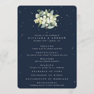Elegant Navy Snowberry+Eucalyptus Winter Wedding Program