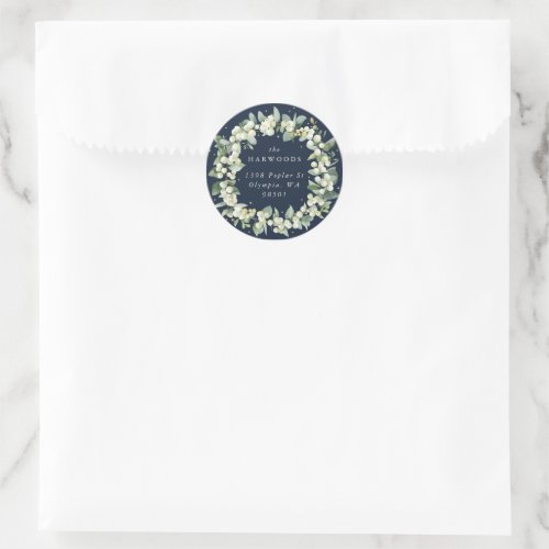 Elegant Navy SnowberryEucalyptus Wreath Address Classic Round Sticker