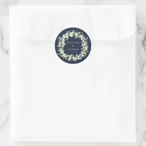 Elegant Navy SnowberryEucalyptus Wreath Wedding Classic Round Sticker