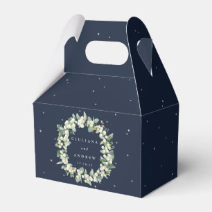 Elegant Navy Snowberry+Eucalyptus Wreath Wedding Favor Boxes