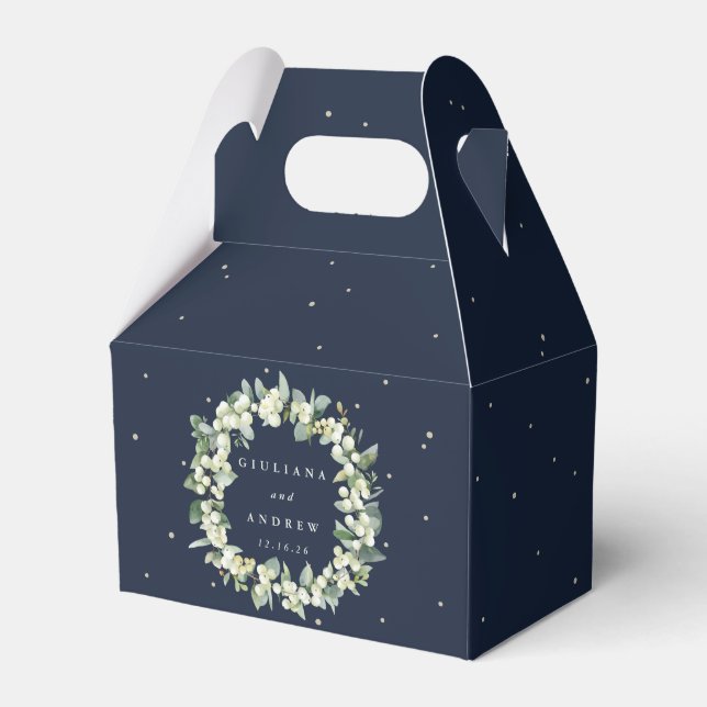 Elegant Navy Snowberry+Eucalyptus Wreath Wedding Favor Boxes (Front Side)