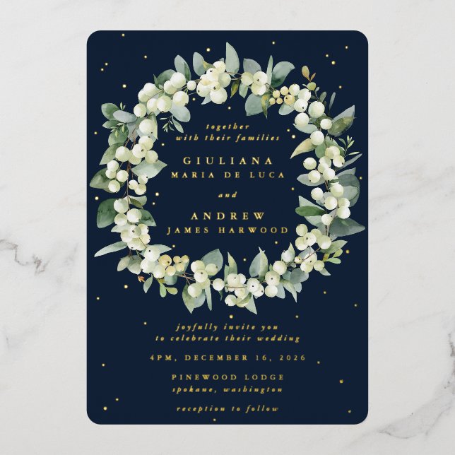 Elegant Navy Snowberry+Eucalyptus Wreath Wedding Foil Invitation (Front)