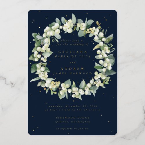 Elegant Navy SnowberryEucalyptus Wreath Wedding Foil Invitation