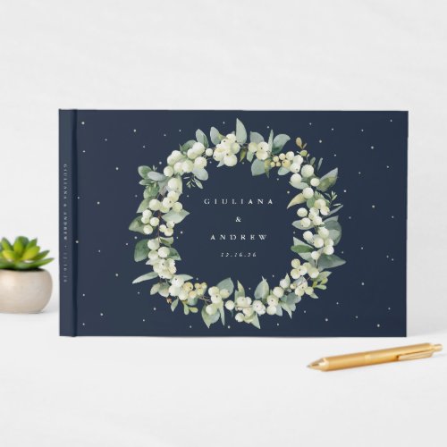 Elegant Navy SnowberryEucalyptus Wreath Wedding Guest Book