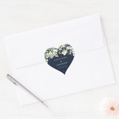 Elegant Navy SnowberryEucalyptus Wreath Wedding Heart Sticker