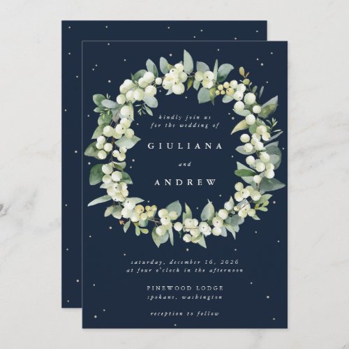 Elegant Navy SnowberryEucalyptus Wreath Wedding Invitation