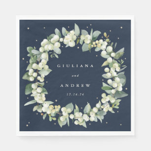 Elegant Navy Snowberry+Eucalyptus Wreath Wedding Napkins