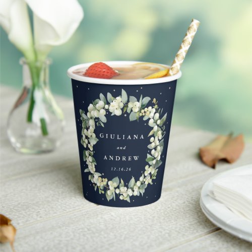 Elegant Navy SnowberryEucalyptus Wreath Wedding Paper Cups