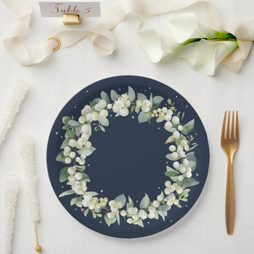 Elegant Navy SnowberryEucalyptus Wreath Wedding Paper Plates