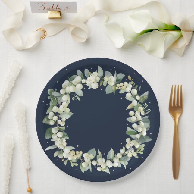 Elegant Navy Snowberry+Eucalyptus Wreath Wedding Paper Plates (Wedding)