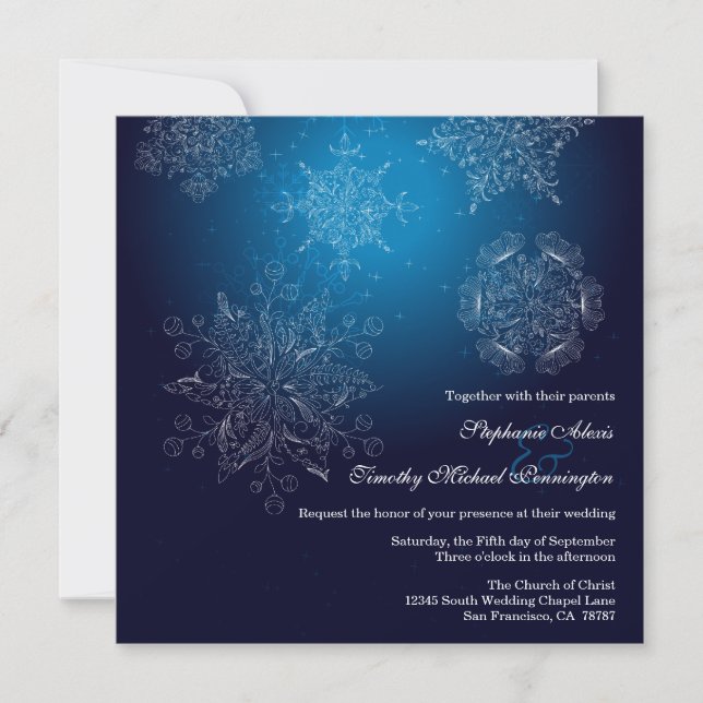 Elegant navy snowflakes winter wedding invitation (Front)