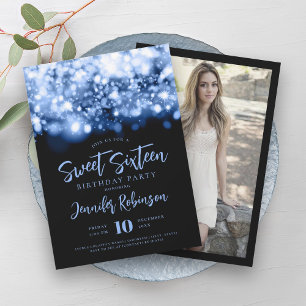 Elegant Navy Sparkle Lights Photo Sweet 16 Invitation