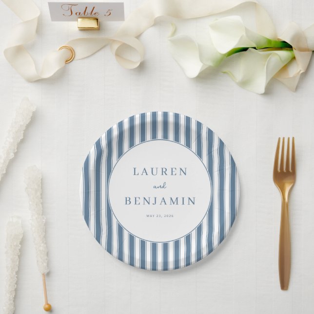 Elegant Navy Striped Circle Paper Plates (Wedding)
