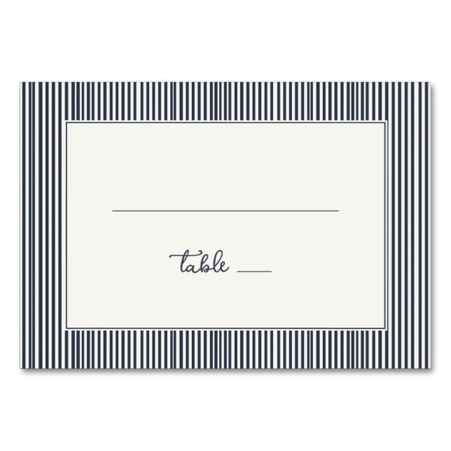 Elegant Navy Striped Minimalist Table Number (Front)