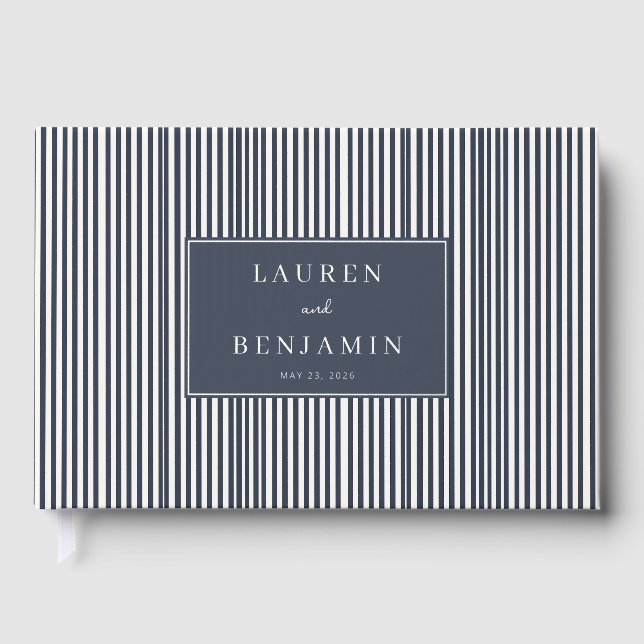 Elegant Navy Striped Rectangle Foil Guest Book (Front)