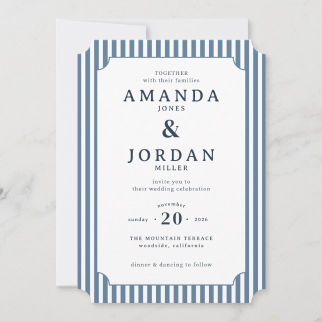 Elegant Navy Striped Wedding Invitation (Front)