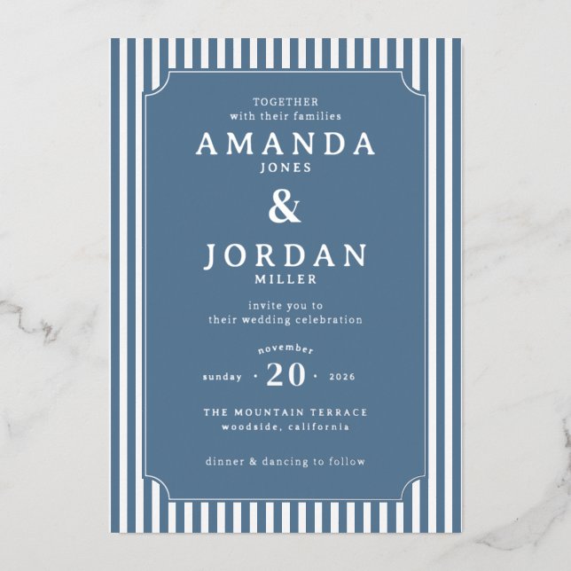 Elegant Navy Striped Wedding Invitation Foil Invitation (Front)