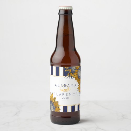 Elegant Navy Sunflower Floral Beer Bottle Label