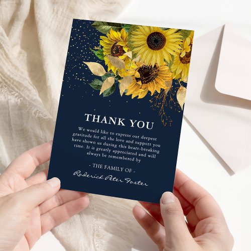 Elegant Navy Sunflower  Gold Sympathy Memorial Thank You Card