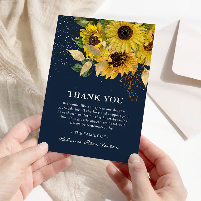 Elegant Navy Sunflower & Gold Sympathy Memorial Thank You Card | Zazzle