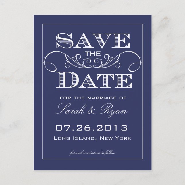 Elegant Navy Swirl Save the Date Announcement (Front)