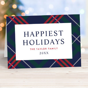 Elegant Navy Tartan Plaid Happiest Holidays Holiday Card