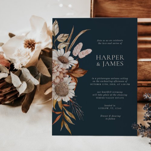 Elegant Navy Terracotta Floral Boho Fall Wedding Invitation