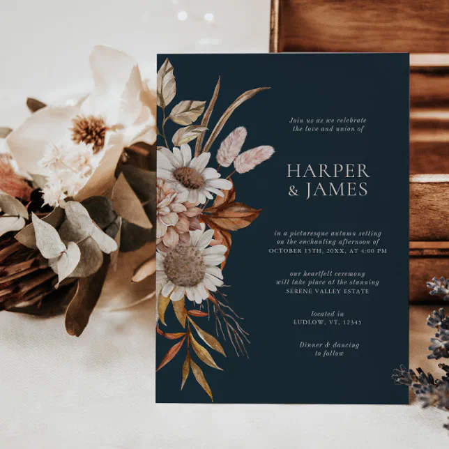 Elegant Navy Terracotta Floral Boho Fall Wedding Invitation
