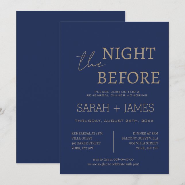 Elegant Navy the Night Before Dinner Wedding Invitation (Front/Back)