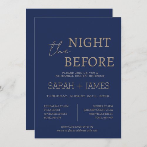 Elegant Navy the Night Before Dinner Wedding Invitation