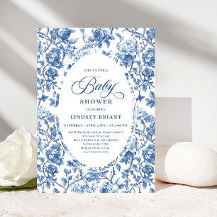 Elegant Navy Toile de Jouy Rose Baby Shower Invite