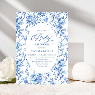 Elegant Navy Toile de Jouy Rose Baby Shower Invite