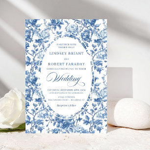 Elegant Navy Toile de Jouy Rose Floral Wedding  Invitation