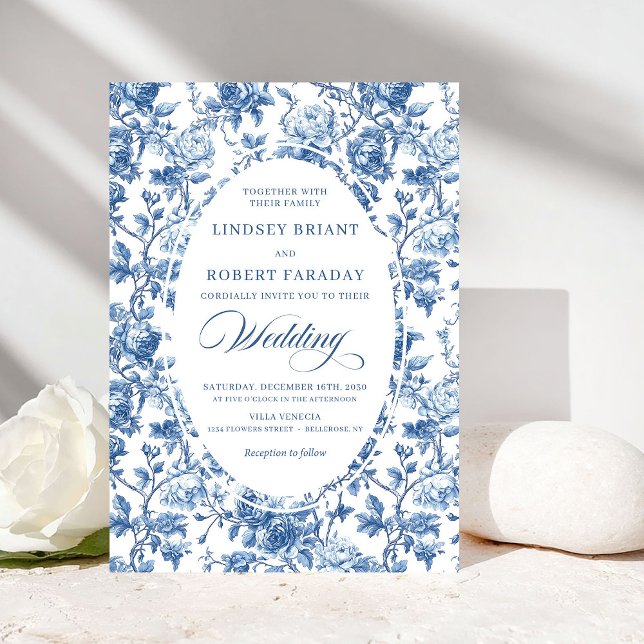 Elegant Navy Toile de Jouy Rose Floral Wedding  Invitation (Elegant Navy Toile de Jouy Rose Floral Wedding Invitation)