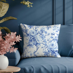 Elegant Navy Toile Rose Decorative Throw Pillow
