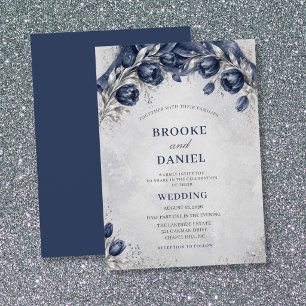 Elegant Navy Tulip Silver Arch Fabric Wedding Invitation