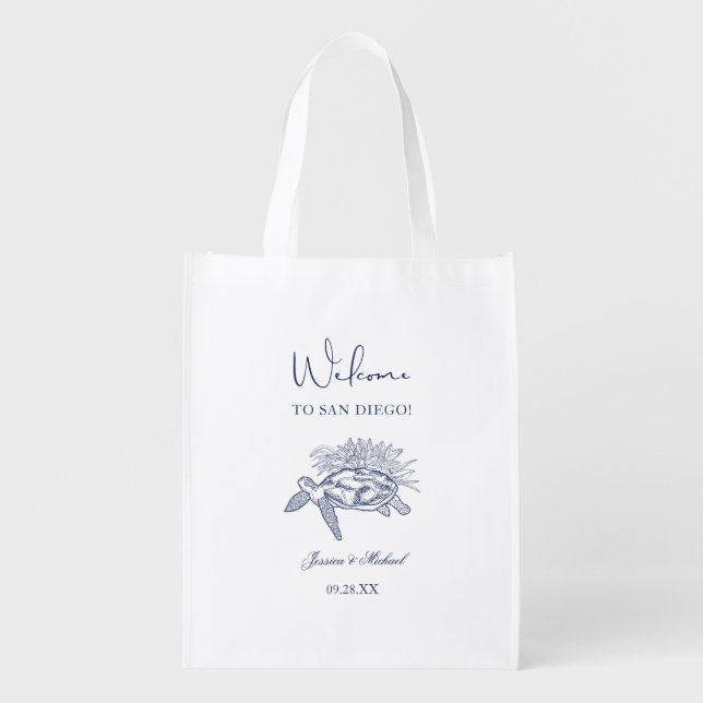 Elegant Navy Turtle Floral Beach Wedding Welcome Grocery Bag (Front)