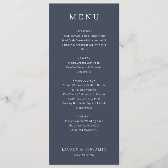 Elegant Navy Typographic Menu (Front)