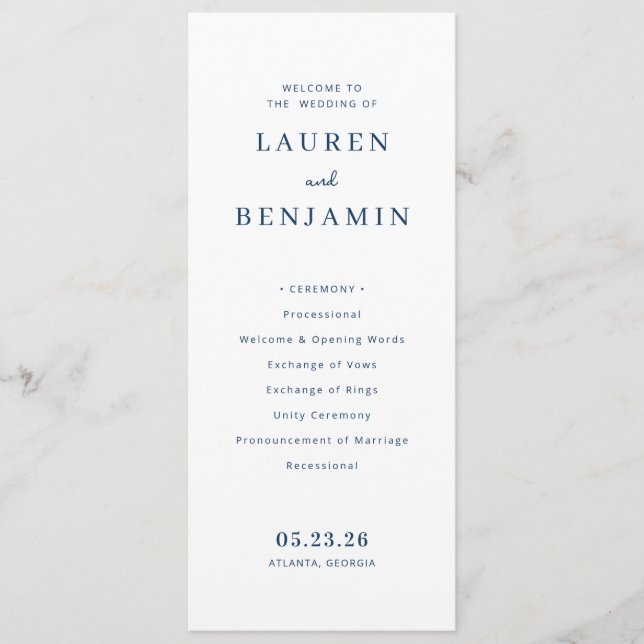 Elegant Navy Typographic Wedding Ceremony Program (Front)