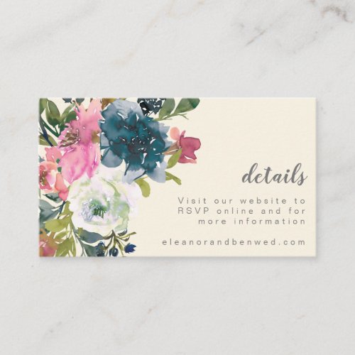 Elegant Navy Watercolor Botanical Wedding Website Enclosure Card