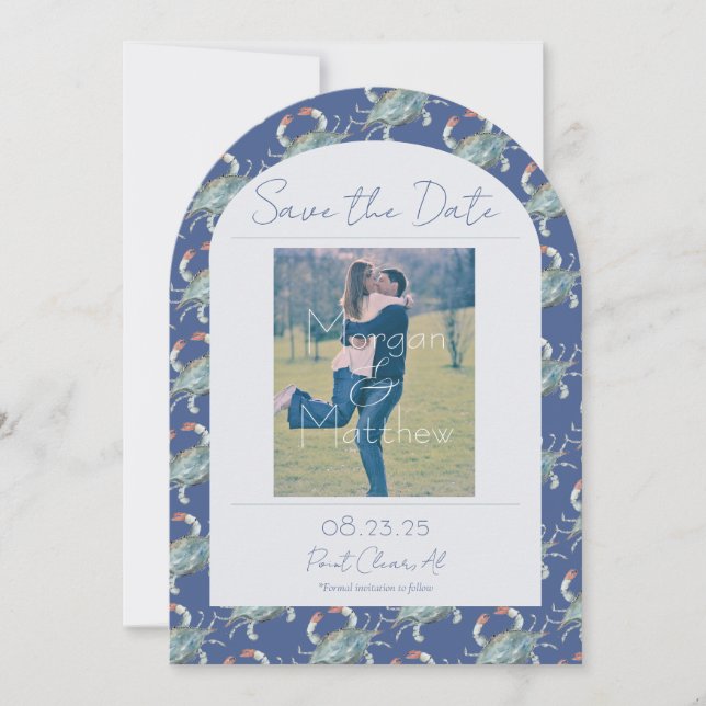 Elegant Navy Watercolor Crab Wedding Save the Date Invitation (Front)