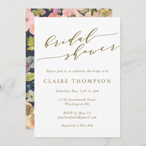 Elegant Navy Watercolor Floral Gold Bridal Shower Invitation
